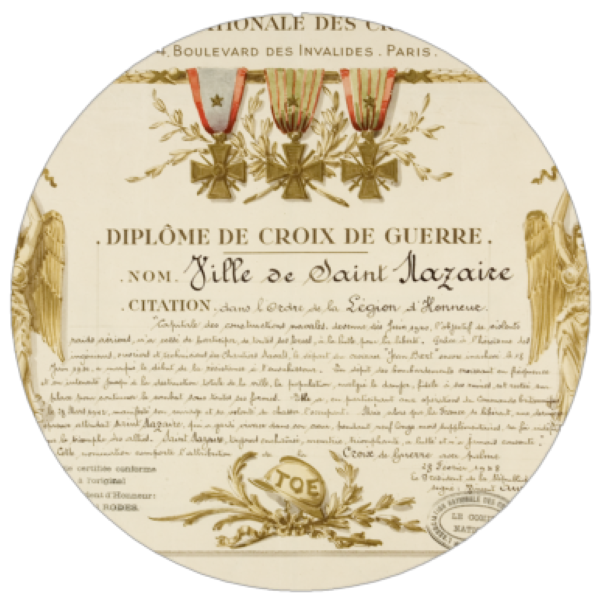 Diplôme de Croix de guerre avec palme et citation à la légion d'honneur, accordé à la ville de Saint-Nazaire 