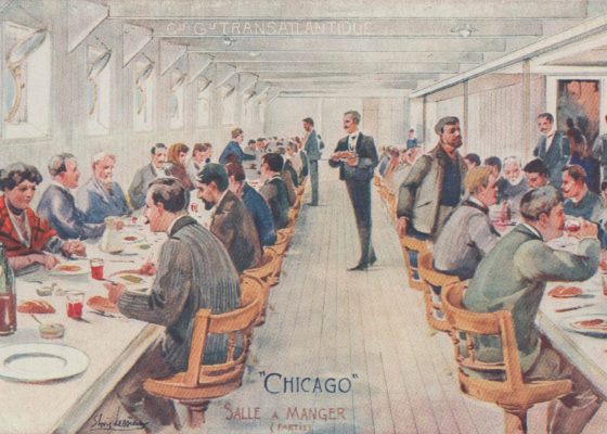 Carte postale illustrée représentant de passagers qui déjeunent dans la salle à manger de troisième classe du paquebot Chicago (1908).