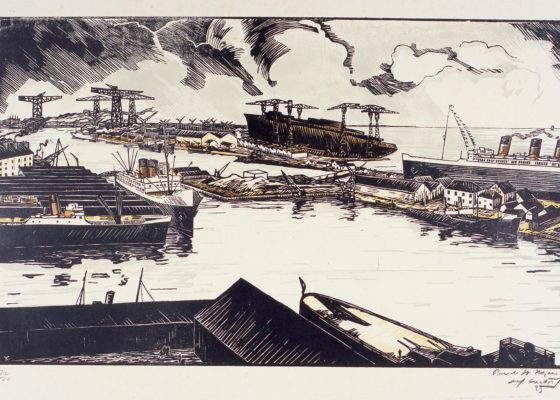 Une gravure de René-Yves Creston, La construction du Normandie à Saint-Nazaire, éditée en 1935.