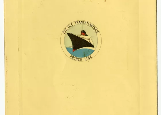 Dessinateur, graveur : Georges Plasse. Imprimeur : Société des Procédés Serge Beaune. Collection Saint-Nazaire Agglomération Tourisme - Écomusée. Dos d'un menu de déjeuner pour la fête nationale québécoise du paquebot Lafayette (1930)