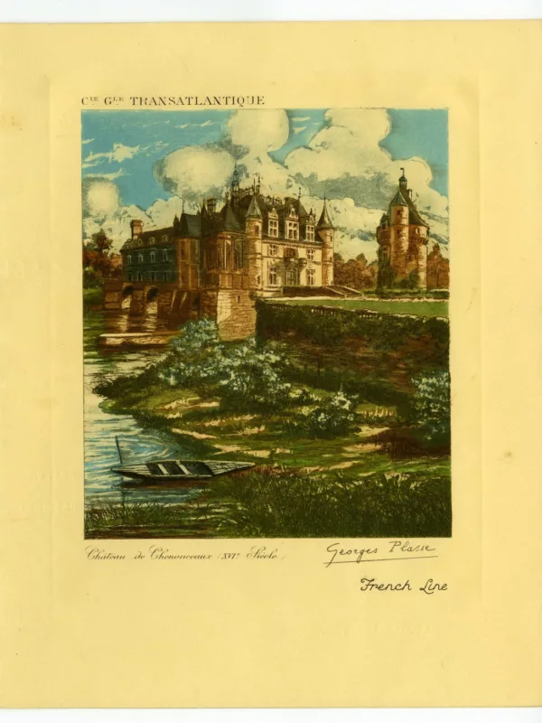 Dessinateur, graveur : Georges Plasse. Imprimeur : Société des Procédés Serge Beaune. Collection Saint-Nazaire Agglomération Tourisme - Écomusée. Couverture d'un menu de déjeuner pour la fête nationale québécoise du paquebot Lafayette (1930)
