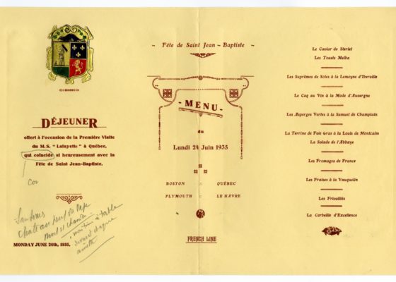 Pages intérieures d'un menu de déjeuner pour la fête nationale québécoise du paquebot Lafayette (1930)