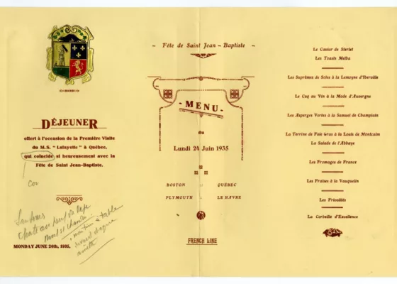 Dessinateur, graveur : Georges Plasse. Imprimeur : Société des Procédés Serge Beaune. Collection Saint-Nazaire Agglomération Tourisme - Écomusée. Pages intérieures d'un menu de déjeuner pour la fête nationale québécoise du paquebot Lafayette (1930)