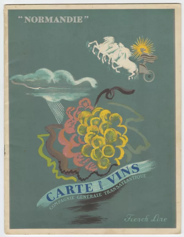 © ADAGP, Paris 2024. Illustrateur : Edy-Legrand Édouard. Éditeur : Éditions de l’Atlantique. Collection Saint-Nazaire Agglomération Tourisme - Écomusée. Couverture d'une carte des vins du paquebot Normandie (1935).