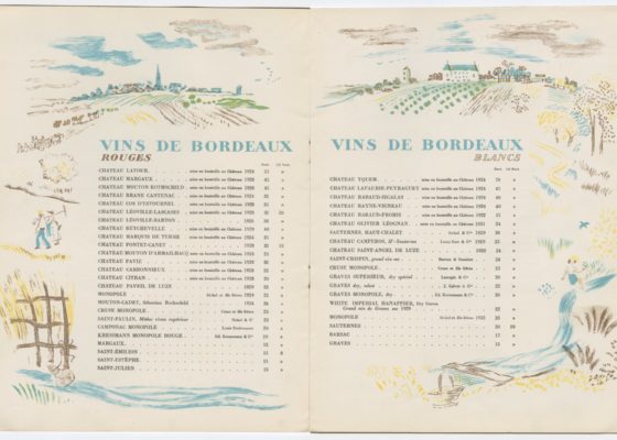 Vue intérieure d'une carte des vins du paquebot Normandie (1935).