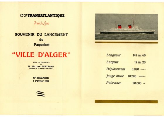 Pages intérieures d'un livret souvenir de lancement du paquebot Ville d'Alger (1935).