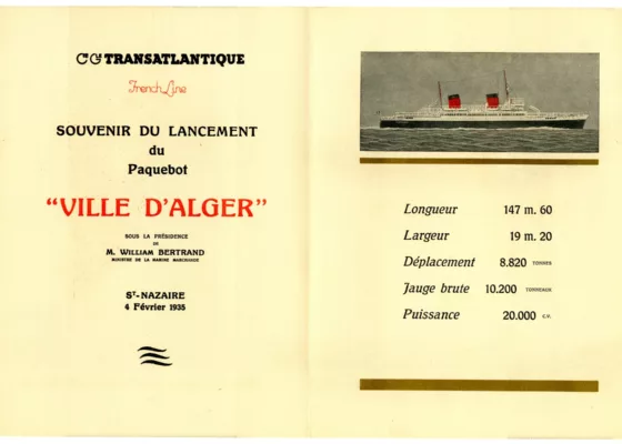 Illustrateur : inconnu. Éditeur : Éditions de l’Atlantique. Collection Saint-Nazaire Agglomération Tourisme - Écomusée. Pages intérieures d'un livret souvenir de lancement du paquebot Ville d'Alger (1935).