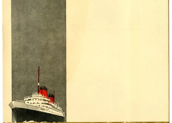 Illustrateur : inconnu. Éditeur : Éditions de l’Atlantique. Collection Saint-Nazaire Agglomération Tourisme - Écomusée. Dos d'un livret souvenir de lancement du paquebot Ville d'Alger (1935).