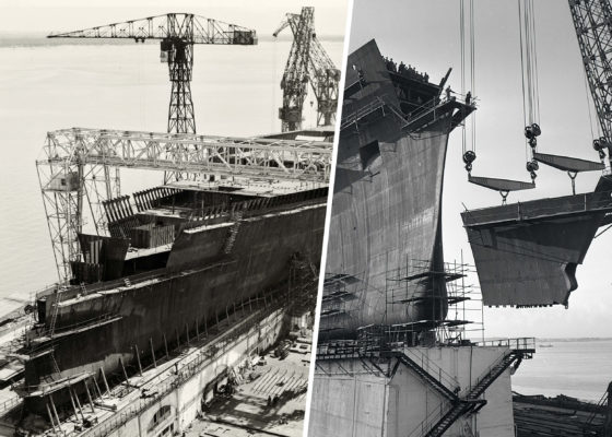 Montage de deux photographies en noir et blanc représentant des étapes du montage de la coque du paquebot France.