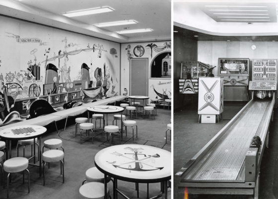 Montage de deux photographies noir et blanc représentant la salle de jeux des enfants de la classe touriste et le bowling du club des jeunes du paquebot France.