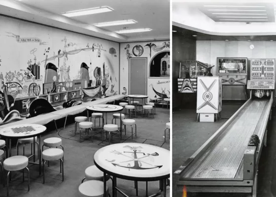 Photographes : inconnus. Collection Saint-Nazaire Agglomération Tourisme - Écomusée. Fonds Chantiers de l’Atlantique. Montage de deux photographies noir et blanc représentant la salle de jeux des enfants de la classe touriste et le bowling du club des jeunes du paquebot France.