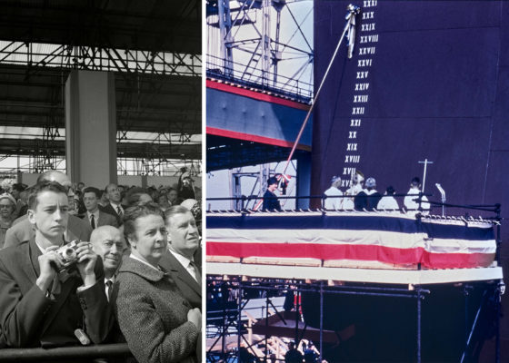 Montage de deux photographies, l'une en noir et blanc représente la foule assistant au lancement du paquebot France, la deuxième en couleur montre Yvonne de Gaulle, un prêtre et une bouteille de champagne pour la bénédiction du navire.