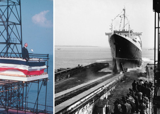 Montage de deux photographies, l'une en couleur montre le général de Gaulle lors de son discours sur la tribune, sur la deuxième en noir et blanc le paquebot France glisse dans l'eau depuis sa rampe de lancement.