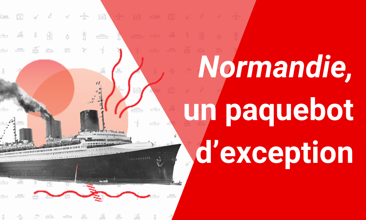 Montage réalisé à partir d'une photographie en noir et blanc du paquebot Normandie (1935) dans l'estuaire de la Loire lors de ses essais en mer.