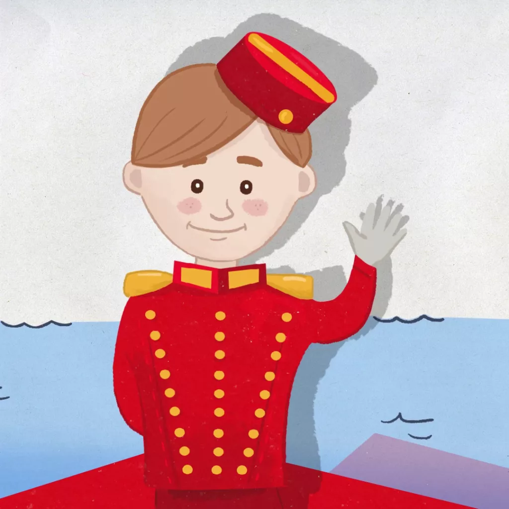 Création : Collectif We Are Motion pour Saint-Nazaire Agglomération Tourisme Dessin d'un groom faisant un salut de la main.