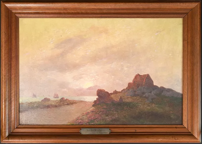 Tableau d'un paysage côtier au coucher de soleil par le peintre Ferdinand Loyen du Puigaudeau.