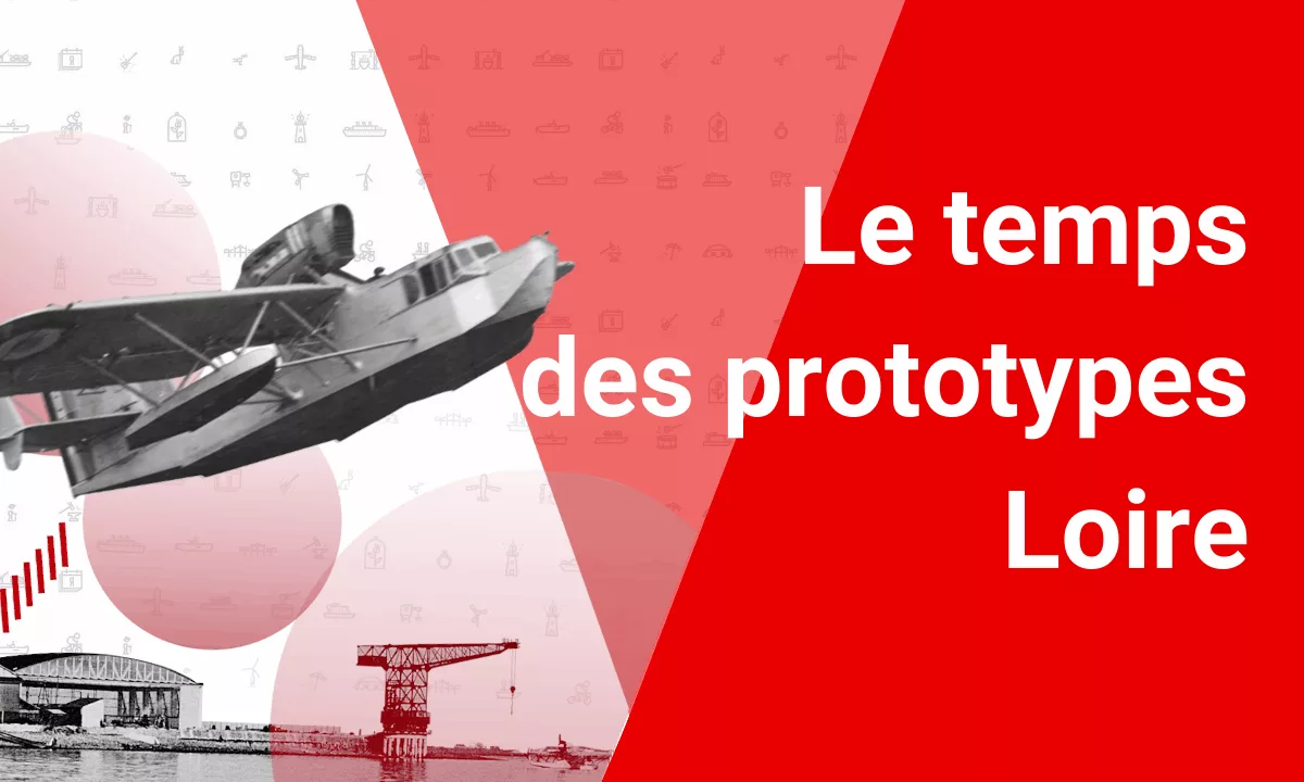 Montage à partir d'extraits de photographies en noir et blanc, l'une du catapultage d'un hydravion Loire 130 et l'autre des ateliers de Loire-Aviation à Saint-Nazaire