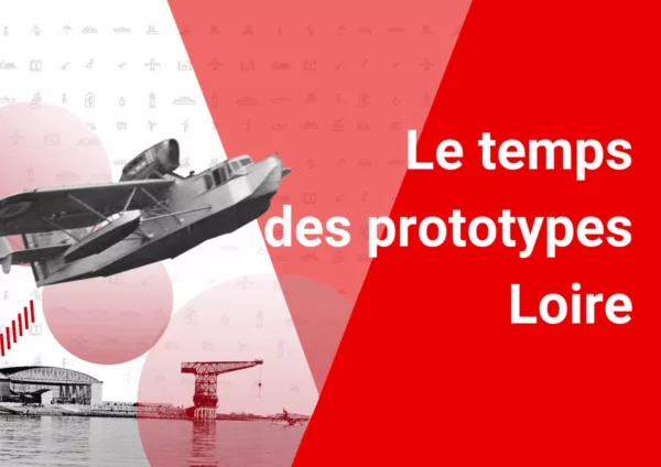 Montage à partir d'extraits de photographies en noir et blanc, l'une du catapultage d'un hydravion Loire 130 et l'autre des ateliers de Loire-Aviation à Saint-Nazaire