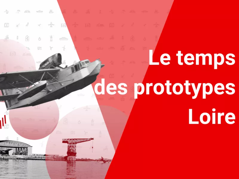 Montage à partir d'extraits de photographies en noir et blanc, l'une du catapultage d'un hydravion Loire 130 et l'autre des ateliers de Loire-Aviation à Saint-Nazaire
