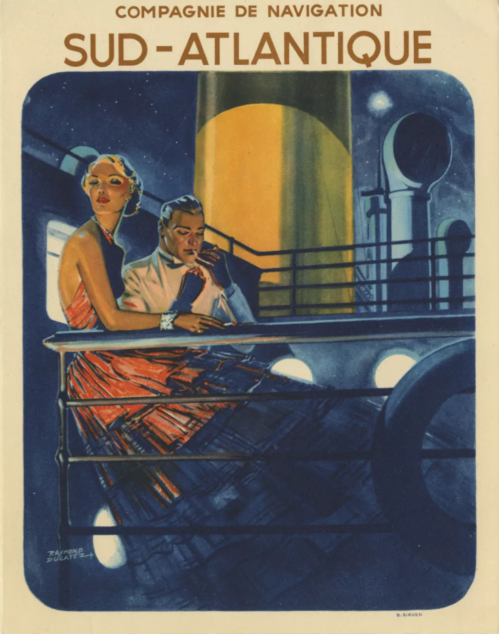 Illustration d’un couple en tenue de soirée sur le pont d’un paquebot la nuit, sous un ciel étoilé, ambiance élégante et festive.