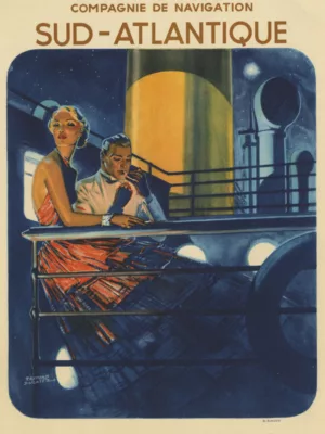Illustration d’un couple en tenue de soirée sur le pont d’un paquebot la nuit, sous un ciel étoilé, ambiance élégante et festive.