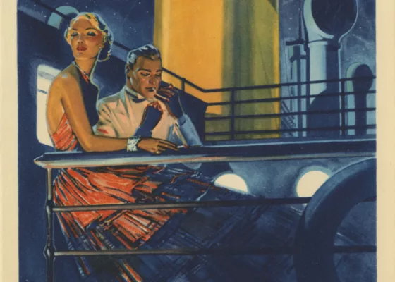 Illustration d’un couple en tenue de soirée sur le pont d’un paquebot la nuit, sous un ciel étoilé, ambiance élégante et festive.