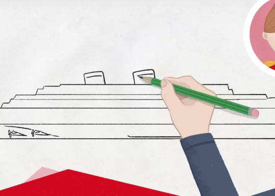 Dessin représentant la main d'un enfant en train de dessiner la silhouette du paquebot Normandie (1935).