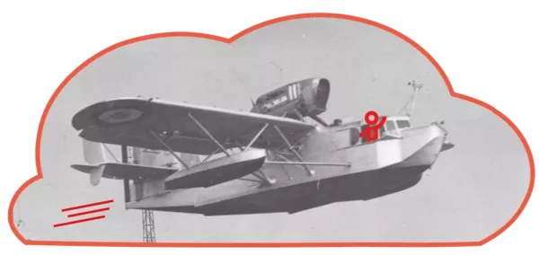 Montage d'une photographies en noir et blanc d'un hydravion catapulté depuis la jetée de l'avant-port de Saint-Nazaire,