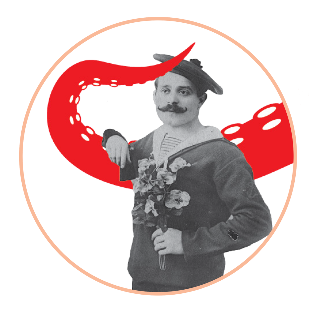 Portrait photographique d'un marin détouré appuyé nonchalamment sur un tentacule rouge rajouté par ordinateur.