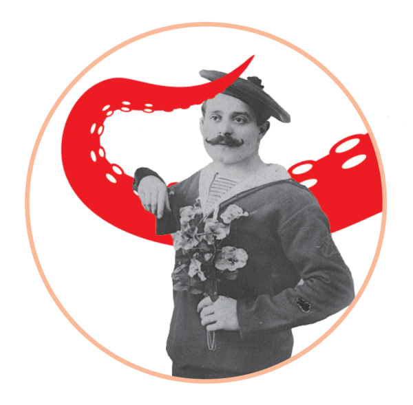 Portrait photographique d'un marin détouré appuyé nonchalamment sur un tentacule rouge rajouté par ordinateur.