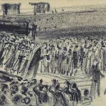 Dessin au pastel noir, réalisé par Auguste Labouret, représentant, à gauche, un groupe d'officiels descendant d'une passerelle, guidé par deux personnes situées dans le coin inférieur droit. Au premier plan, des journalistes semblent tendre leurs caméras vers le premier groupe. Dans le fond s'étend une foule de spectateurs et au loin, le profil du paquebot Normandie (1935).