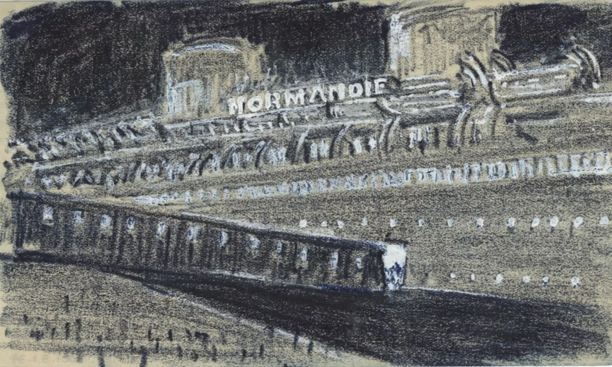 Dessin au pastel noir, réalisé par Auguste Labouret, représentant le paquebot Normandie (1935) dans une ambiance nocturne. L'artiste souligne avec des rehauts blancs les lumières et les parties éclairées du navire. Au centre, entre deux cheminées se détache le nom illuminé du navire. Au premier plan, la passerelle d'embarquement fait le lien entre la terre et les ponts inférieurs du navire.