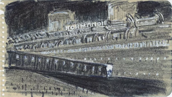 Dessin au pastel noir, réalisé par Auguste Labouret, représentant le paquebot Normandie (1935) dans une ambiance nocturne. L'artiste souligne avec des rehauts blancs les lumières et les parties éclairées du navire. Au centre, entre deux cheminées se détache le nom illuminé du navire. Au premier plan, la passerelle d'embarquement fait le lien entre la terre et les ponts inférieurs du navire.