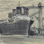 Dessin au pastel noir, réalisé par Auguste Labouret, représentant le paquebot Normandie (1935) est dessiné de trois-quarts tribord amarré dans le port du Havre. Le quai est à sa droite à proximité se trouvent des entrepôts et des grues. Les parties supérieures du navire sont réhaussées de blanc.