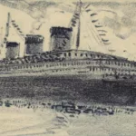 Dessin au pastel noir, réalisé par Auguste Labouret, représentant le paquebot Normandie (1935) vu de trois quart arrière. Pavoisé à l'occasion de son voyage inaugural, il semble prêt au départ.