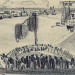 Dessin au pastel noir représentant l'appareillage du paquebot Normandie (1935) réalisé par Auguste Labouret, depuis le pont supérieur de la poupe. Au premier plan, des passagers s'appuient à la rambarde pour assister au départ. En contre-bas, d'autres voyageurs se situent sur le pont inférieur et regardent vers le port du Havre, qui s'étend dans le fond avec son bassin et ses grues. Le drapeau français flotte au centre de la composition.