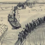 Dessin au pastel noir, réalisé par Auguste Labouret, représentant une foule de passagers accoudée à bâbord, à la proue du paquebot Normandie (1935) pour assister à la sortie du port du Havre. Le quai est encore visible en partie gauche. Un remorqueur accompagne le navire, à bâbord.