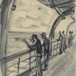 Dessin au pastel noir, réalisé par Auguste Labouret, représentant des membres d'équipage et des passagers, appuyés sur la rambarde du pont-promenade du Normandie (1935), côté tribord regardent au large. Le premier hommes représenté, un membre d'équipage semble utiliser une longue-vue ou un instrument de navigation. Tous se trouvent directement sous les bossoirs des embarcations de sauvetage.