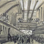 Dessin au pastel noir, réalisé par Auguste Labouret, représentant le hall principal de la gare maritime du Havre pavoisé avec de nombreux drapeaux tricolores avant le départ du paquebot Normandie (1935) pour son voyage inaugural. Au centre du dessin, sur le quai, entre deux trains, des voyageurs s'apprêtent à monter à bord. Les grandes lignes architecturales du bâtiment sont mises en valeur et l'éclairage naturel est réhaussé de gouache blanche.