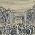 Dessin au pastel noir représentant le grand salon première classe du paquebot Normandie (1935) par Auguste Labouret. Au premier plan, une foule de passagers se tient dans le grand salon. L'espace est reconnaissable grâce à ses grands luminaires verticaux situés des deux côtés de la composition, ils sont mis en valeur par des rehauts de gouache blanche.