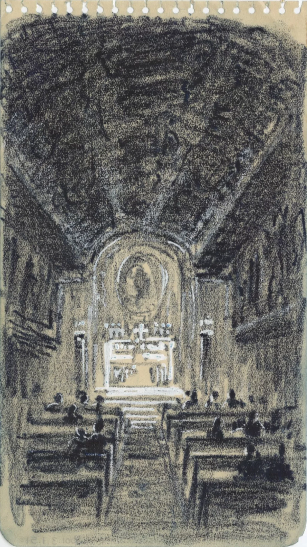 Des passagers sont assis sur des bancs dans la chapelle du paquebot Normandie (1935). Au centre de la composition, l'autel et ses candélabres sont mis en valeur par des rehauts de gouache blanche. L'ensemble est brillant et illuminé au sein de cette atmosphère sombre. La lumière diffusée par les candélabres dessine la silhouette des passagers. La partie supérieure du dessin est occupée par la voûte peinte dont les motifs se devinent dans l'obscurité générale.