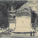 Dessin au pastel noir représentant le sundeck du paquebot Normandie (1935). Au centre se trouve une cheminée devant laquelle se tiennent quelques passagers. A l'arrière sont visibles une deuxième cheminée et un mât.