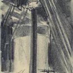 Dessin au pastel noir représentant un mât et une cheminée fumante sur le sundeck du paquebot Normandie (1935).