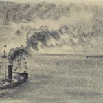 Dessin au pastel noir, réalisé par Auguste Labouret, représentant au premier plan, dans le coin inférieur gauche, un remorqueur à la cheminée fumante. Dans l'arrière-plan, à droite, semble se détacher la côte.