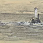 Dessin au pastel noir, réalisé par Auguste Labouret, représentant au centre deux phares, mis en valeur par des rehauts de gouache blanche. A l'arrière s'ouvrent sur la mer et l'horizon.