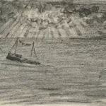 Dessin au pastel noir, réalisé par Auguste Labouret, représentant sur la gauche, un navire en mer. Le fond montre, montre en partie supérieure, un ciel nuageux à travers lequel perce les rayons du soleil. La côte semble se trouver sur la droite. Le dessin au dos est difficilement identifiable. Il illustre peut-être des intempéries en mer.