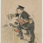 Caricature d'un mousse de pont et d'un garçon de pont sur un paquebot de la Compagnie Générale Transatlantique.