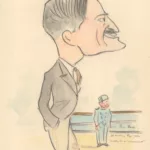 Caricature de l'écrivain André Maurois sur le pont du paquebot France (1912) avec en arrière-plan un mousse de pont en uniforme.