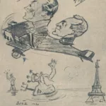 Caricature des aviateurs Dieudonné Costes et Maurice Bellonte dans l'aéronef "Point d'interrogation" survolant l'Océan Atlantique