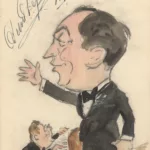 Caricature du chanteur lyrique Désiré Defrère accompagné d'un pianiste